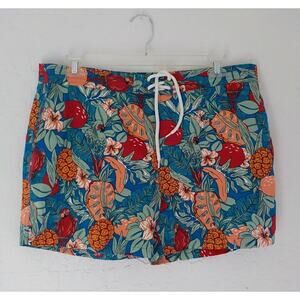 ACA JOE Men XL Blue Swim Shorts Trunks Tropical Floral Birds Print Pockets Lined